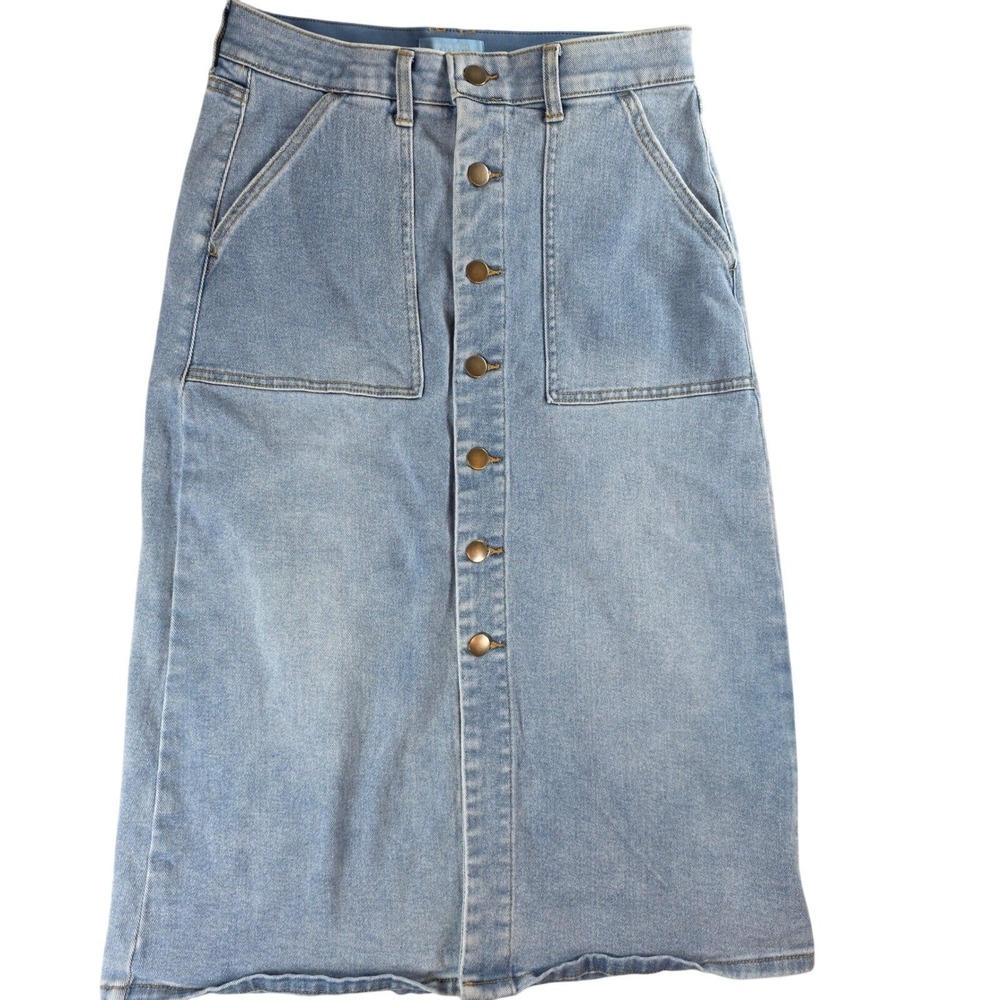 Draper James RSVP Womens 10 Blue Denim Skirt Button Front Midi Patch Pockets